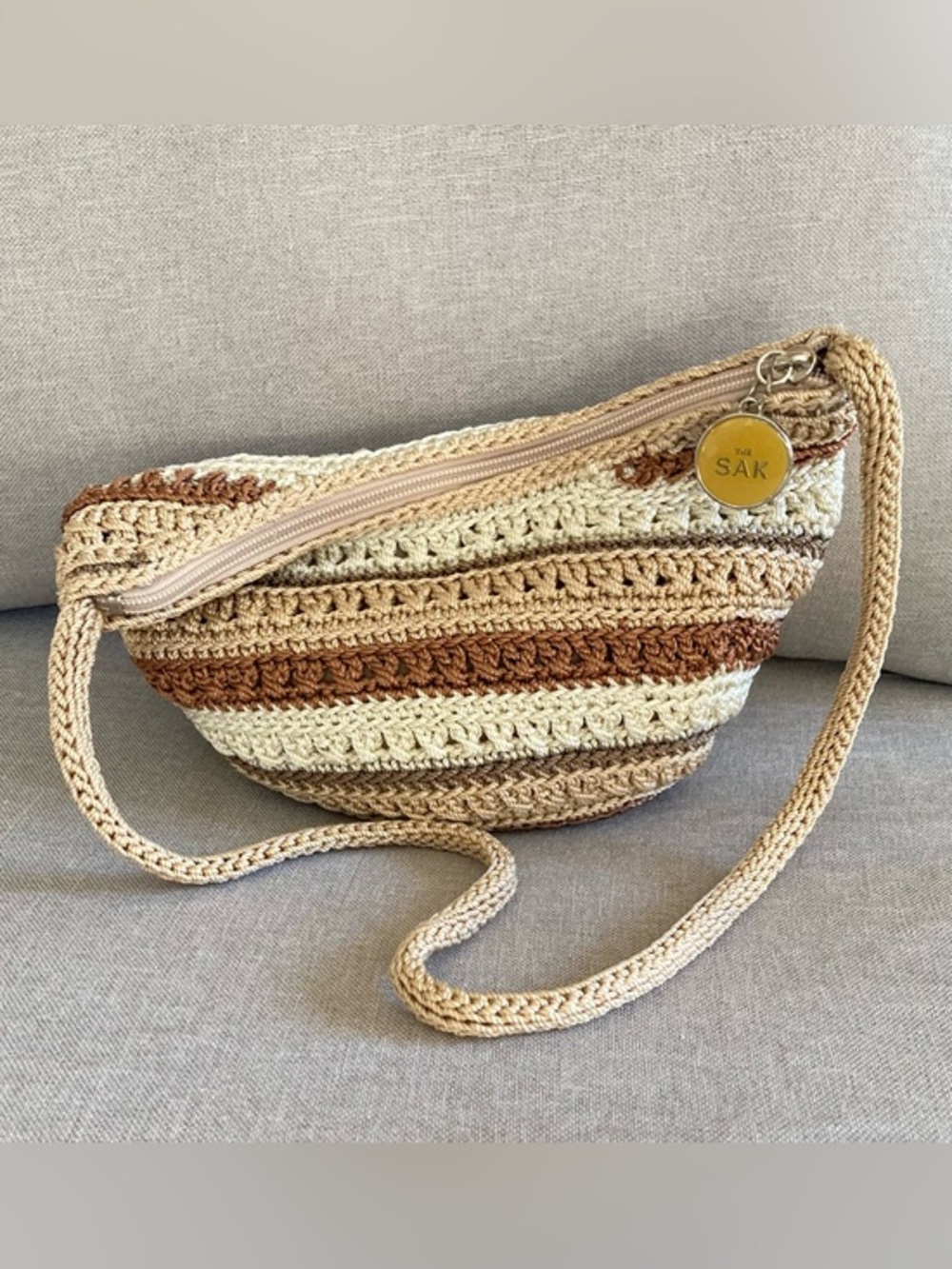 The Sak Tess Crochet Crescent Sling Crossbody Bag Neutral Striped Boho EUC